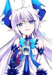  +_+ 1girl ahoge alice360 bangs bare_shoulders blue_eyes blue_neckwear bow bowtie bridal_gauntlets ciel_(elsword) cup detached_sleeves elsword eyebrows_visible_through_hair eyes_visible_through_hair hair_between_eyes highres holding holding_cup horns long_hair long_sleeves looking_at_viewer luciela_r._sourcream mug noblesse_(elsword) open_mouth pointy_ears simple_background smile twintails upper_body white_background 