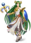  1girl 3d armpits bangs bare_shoulders belt collarbone dress green_eyes green_hair highres jewelry kid_icarus kid_icarus_uprising long_hair mismatched_footwear mismatched_legwear palutena parted_bangs shield solo staff strapless strapless_dress super_smash_bros. thigh-highs tiara very_long_hair white_legwear 