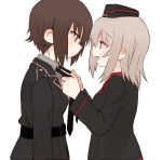  2girls adjusting_clothes adjusting_necktie alternate_costume bangs black_belt black_hat black_jacket black_neckwear blush closed_mouth epaulettes eyebrows_visible_through_hair from_side fud garrison_cap girls_und_panzer grey_shirt hat itsumi_erika jacket kuromorimine_military_uniform light_frown long_hair long_sleeves looking_at_another military military_hat military_uniform multiple_girls necktie nishizumi_maho open_mouth red_shirt shirt short_hair simple_background smile standing uniform upper_body white_background yuri 