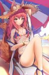  1girl animal_ears arm_up bangs beach_chair beach_umbrella bikini bracelet breasts brown_eyes closed_mouth collarbone commentary_request day eyebrows_visible_through_hair fate/grand_order fate_(series) fox_ears fox_tail hat highres jewelry lee_seok_ho lips long_hair looking_at_viewer medium_breasts outdoors pink_hair see-through shiny shiny_skin shirt sidelocks sitting solo straw_hat sun_hat swimsuit t-shirt tail tamamo_(fate)_(all) tamamo_no_mae_(fate) tamamo_no_mae_(swimsuit_lancer)_(fate) umbrella water 