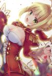  1girl aestus_estus ahoge ass bangs blonde_hair bow braid breasts buttons cleavage dress epaulettes eyebrows_visible_through_hair fate/extra fate/grand_order fate_(series) french_braid gomano_rio green_eyes hair_bow hair_bun hair_intakes highres holding holding_sword holding_weapon juliet_sleeves long_sleeves looking_at_viewer looking_back medium_breasts nero_claudius_(fate) nero_claudius_(fate)_(all) open_mouth petals puffy_sleeves red_bow red_dress red_petals rose_petals standing sword weapon white_background wide_sleeves 
