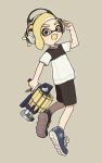  1boy :d black_shorts blonde_hair blue_eyes blue_footwear brown_background clash_blaster_(splatoon) cross-laced_footwear domino_mask fang from_side full_body gomi_(kaiwaresan44) hand_on_headphones headphones holding holding_weapon inkling logo looking_at_viewer looking_back male_focus mask open_mouth pointy_ears shirt shoes short_hair shorts simple_background smile sneakers solo splatoon splatoon_2 standing t-shirt weapon white_shirt yellow_tongue 