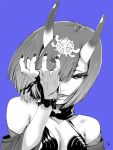  1girl :p bare_shoulders blood blue_background breasts commentary_request deep_wound fate/grand_order fate_(series) greyscale hand_up hane_(azelye) headpiece horns injury licking long_hair looking_at_viewer monochrome off_shoulder short_eyebrows shuten_douji_(fate/grand_order) signature simple_background small_breasts solo thick_eyebrows tongue tongue_out upper_body 