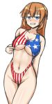  1girl american_flag_swimsuit arm_behind_back blue_eyes blush breasts brown_hair charlotte_e_yeager cleavage grin groin hachimitsu-b large_breasts long_hair navel nose_blush smile solo strike_witches thigh_gap thighs under_boob white_background world_witches_series 