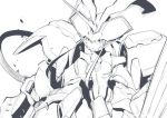  breasts cowboy_shot darling_in_the_franxx holding holding_spear holding_weapon horn humanoid_robot koyama_shigeto lineart looking_at_viewer mecha medium_breasts no_humans open_mouth polearm simple_background solo spear strelizia weapon white_background work_in_progress 
