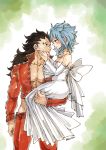 1boy 1girl back_bow ban_(nanatsu_no_taizai) ban_(nanatsu_no_taizai)_(cosplay) black_hair blue_hair blush bow breasts brown_eyes cleavage collarbone cosplay couple dress elaine elaine_(cosplay) eye_contact fairy_tail gajeel_redfox groin highres holding_person jacket levy_mcgarden long_dress long_hair looking_at_another medium_breasts nanatsu_no_taizai open_clothes open_jacket pants parted_lips red_jacket red_pants rusky shiny shiny_clothes signature sketch sleeveless sleeveless_dress smile standing striped striped_dress wedding_dress white_bow white_dress 