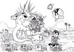  4boys :d arm_up attack baseball_cap blush_stickers boots cliff clouds copy_ability crossover dragon_ball dragonball_z electricity energy_ball frieza gameplay_mechanics greyscale hat highres holding holding_shield holding_sword holding_weapon ink_(medium) kirby kirby_(series) lake lee_(dragon_garou) link master_sword midair monochrome mother_(game) mother_2 multiple_boys namek ness open_mouth pants shield shirt shoes short_hair shorts sky slashing smile speed_lines striped striped_shirt super_smash_bros. sword tail the_legend_of_zelda the_legend_of_zelda:_twilight_princess traditional_media tree tunic user_interface weapon 