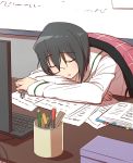  1girl bangs black_hair blanket blouse closed_eyes commentary cup eyebrows_visible_through_hair girls_und_panzer head_rest highres holding kawashima_momo keyboard_(computer) long_sleeves monitor ooarai_school_uniform paper parted_lips pen pencil school_uniform serafuku short_hair sitting sleeping solo tsunosame white_blouse whiteboard 