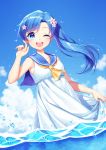  1girl ;d blue_eyes blue_hair breasts clouds commentary dress eyebrows_visible_through_hair flower hair_between_eyes hair_flower hair_ornament hand_up highres holding_dress in_water jenevan long_hair looking_at_viewer neckerchief ocean one_eye_closed open_mouth original outdoors ponytail sailor_collar sailor_dress small_breasts smile solo white_dress 