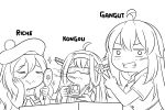  3girls ahoge applying_makeup beret commentary cup detached_sleeves double_bun dress_shirt english_commentary facial_scar gangut_(kantai_collection) grin guin_guin hairband hand_mirror hat headgear holding_mirror kantai_collection kongou_(kantai_collection) lineart long_hair looking_at_viewer mirror monochrome multiple_girls nontraditional_miko pom_pom_(clothes) ribbon-trimmed_sleeves ribbon_trim richelieu_(kantai_collection) scar scar_on_cheek shirt smile sunglasses table teabag teacup v 