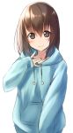  1girl blue_hoodie blush bright_pupils brown_eyes brown_hair closed_mouth commentary_request copyright_request eyebrows_visible_through_hair gurande_(g-size) hair_between_eyes hood hoodie long_sleeves looking_at_viewer short_hair sleeves_past_wrists smile solo upper_body 