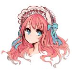  1girl blue_eyes blue_ribbon bonnet closed_mouth long_hair looking_at_viewer original osiimi portrait redhead ribbon signature simple_background solo white_background 