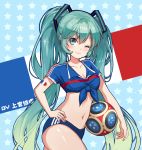  1girl ;) alternate_costume aqua_hair ball blue_background blue_eyes blue_shirt blush breasts chinese chinese_commentary cleavage collarbone commentary_request cowboy_shot eyebrows_visible_through_hair eyeshadow french_flag front-tie_top hair_between_eyes hair_ornament hatsune_miku head_tilt holding long_hair looking_at_viewer makeup medium_breasts midriff navel one_eye_closed pink_lips shangguan_feiying shirt smile soccer_ball solo standing star starry_background stomach tied_shirt translated twintails very_long_hair vocaloid world_cup 