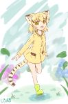  1girl :d alternate_costume animal_ears blonde_hair boots cat_ears cat_tail commentary_request extra_ears eyebrows_visible_through_hair full_body green_eyes highres kemono_friends leaf looking_at_viewer medium_hair open_mouth puddle raincoat rubber_boots sand_cat_(kemono_friends) shiraha_maru smile solo striped_tail tail walking 