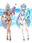  2girls alternate_costume android blue_eyes blue_hair breasts cleavage commentary_request cyborg full_body kos-mos large_breasts long_hair looking_at_viewer medium_breasts multiple_girls oto_nagi red_eyes silver_hair standing swimsuit t-elos tongue tongue_out xenosaga xenosaga_episode_iii 