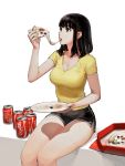 1girl black_eyes black_hair breasts can cleavage coca-cola eating food highres jun_(seojh1029) large_breasts legs original pizza plate short_shorts shorts sitting soda_can solo 
