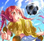  1girl :o ball blue_sky blush breasts chain-link_fence clothes_writing clouds day fence flower gurande_(g-size) hair_flower hair_ornament hairclip highres light_rays long_hair medium_breasts moe2017 open_mouth original outdoors ponytail red_eyes redhead short_sleeves shorts sidelocks sky soccer soccer_ball soccer_field soccer_uniform sparkle sportswear sun sunbeam sunlight sweat sweatband v-shaped_eyebrows white_shorts 