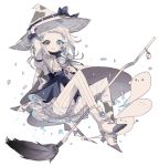  blue_eyes boots bow breasts broom cleavage dress floating grey_eyes hair_bow hat heterochromia long_sleeves looking_at_viewer original sailor_collar short_hair smile white_hair witch witch_hat yanafle 