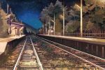  1girl black_hair blue_sky commentary_request fence from_side gemi grass night night_sky original outdoors power_lines railroad_tracks skirt sky solo standing star_(sky) starry_sky telephone_pole train_station 