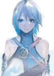  1girl absurdres aqua_(kingdom_hearts) bare_shoulders black_gloves blue_eyes blue_hair breasts closed_mouth copyright_name detached_sleeves engrish eyebrows_visible_through_hair fingerless_gloves gloves hair_between_eyes hand_on_own_chest highres kingdom_hearts kingdom_hearts_birth_by_sleep kumamoto_nomii-kun large_breasts long_sleeves looking_at_viewer ranguage short_hair simple_background solo turtleneck upper_body v-shaped_eyebrows white_background wide_sleeves 