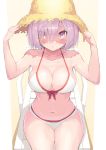  1girl bikini blush breasts cleavage collarbone commentary_request eyes_visible_through_hair fate/grand_order fate_(series) hair_over_one_eye hat highres jonsun large_breasts looking_at_viewer mash_kyrielight purple_hair short_hair sitting solo straw_hat swimsuit swimsuit_of_perpetual_summer violet_eyes white_swimsuit 