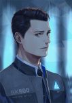  1boy ame_(conronca) android black_neckwear brown_eyes brown_hair connor_(rk800) detroit:_become_human expressionless grey_jacket jacket looking_at_viewer male_focus parted_lips upper_body 