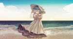  arm_up bare_arms bare_shoulders beach blue_hair choker closed_eyes dress frills hat holding holding_hat open_mouth original short_hair sky smile upper_body water yanafle 