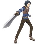  1boy belt black_eyes black_hair blue_shirt boots brown_pants collarbone fingerless_gloves full_body gloves grey_footwear grey_gloves holding holding_sword holding_weapon kirito_(first_avatar) looking_at_viewer official_art pants shirt simple_background smile solo standing sword sword_art_online sword_art_online:_code_register weapon white_background 