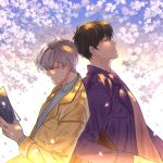  2boys back-to-back book brown_hair card_captor_sakura cherry_blossoms closed_eyes closed_mouth from_side glasses half-closed_eyes highres holding holding_book jacket kinomoto_touya leaning_on_person long_coat male_focus multiple_boys petals profile reading shade short_hair tsukishiro_yukito white_hair yellow_coat zid_jido 