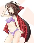  1girl adapted_costume bikini breasts brown_hair cape glasses hat jyaoh0731 looking_at_viewer medium_breasts short_twintails simple_background solo swimsuit touhou twintails usami_sumireko wavy_hair 