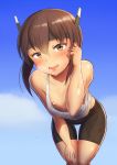  1girl :d bad_anatomy bike_shorts black_shorts blush brown_eyes brown_hair commentary_request dripping flat_chest hair_between_eyes kantai_collection maku_ro open_mouth short_hair shorts smile solo sweat taihou_(kantai_collection) wet wet_clothes 