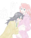  2girls aqua_eyes black_hair blush green_eyes green_neckwear hand_holding highres kuroki_tomoko long_hair long_sleeves looking_at_another m7rin multiple_girls necktie nemoto_hina open_mouth pink_hair pink_hoodie sketch sweat thought_bubble two_side_up watashi_ga_motenai_no_wa_dou_kangaetemo_omaera_ga_warui! white_background yuri 