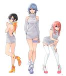 3girls aqua_(kingdom_hearts) backless_outfit bangs bare_shoulders blue_eyes blue_footwear blue_hair bow breasts closed_mouth dress eyebrows_visible_through_hair fingernails flower full_body grey_dress hair_between_eyes hand_on_own_thigh hands_together high_heels highres kairi_(kingdom_hearts) kingdom_hearts kingdom_hearts_358/2_days kingdom_hearts_birth_by_sleep kingdom_hearts_ii large_breasts leg_up legs_apart long_sleeves looking_at_viewer medium_hair motu0505 multiple_girls nail_polish orange_bow orange_nails parted_lips pink_footwear red_nails redhead shoes short_dress short_hair simple_background sleeveless sleeveless_dress standing thigh-highs thigh_strap turtleneck white_background white_flower white_legwear xion_(kingdom_hearts) yellow_footwear zettai_ryouiki 
