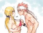  1boy 1girl black_scrunchie blonde_hair blush breasts brown_eyes embarrassed eye_contact fairy_tail from_side hair_ornament hair_scrunchie headband large_breasts long_hair looking_at_another lucy_heartfilia natsu_dragneel open_mouth pink_hair red_bikini_top rusky scrunchie sideboob sketch spiky_hair sweatdrop tattoo twintails under_boob upper_body 