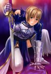  armor blonde_hair fate/stay_night fate_(series) green_eyes highres kneeling mimura_kaoru saber sword torn_clothes weapon 