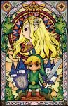  black_eyes blonde_hair boots castle hair_ornament hat highres ivy jewelry link long_hair master_sword necklace nintendo official_art plant pointy_ears princess_zelda shield stained_glass sword the_legend_of_zelda tiara toon_link triforce weapon wind_waker 