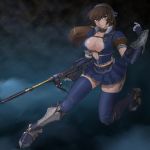  armored_dress asuru azul_(armor) beltbra blue breasts brown_eyes brown_hair cleavage curvy earrings elbow_gloves gloves gun hairband jewelry large_breasts long_hair monster_hunter rifle thigh-highs thighhighs wancozow weapon zettai_ryouiki 