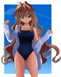  bad_id brown_eyes brown_hair kanimayo long_hair no_pants one-piece_swimsuit open_clothes open_shirt school_swimsuit shirt swimsuit swimsuit_under_clothes toradora! very_long_hair wet 