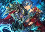  1boy 1girl armor blue_hair bridal_gauntlets brown_hair butterfly cape couple dutch_angle elbow_gloves gloves green_eyes highres incipient_kiss jewelry jizero night original signature star tears tree yellow_eyes 