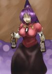 bad_id bottle food_stand grill large_breasts long_skirt purple_hair reon_(pixiv) reon_(saikyou) skirt solo touhou yasaka_kanako