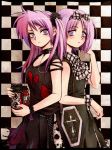  back-to-back bag bare_shoulders blush bow camera chain chains checkered choker coffin collarbone cross dress flat_chest frown gothic_lolita hair_bow hiiragi_kagami hiiragi_tsukasa lolita_fashion lucky_star messiah messiah_cage multiple_girls mystic_cage purple_eyes purple_hair purse short_hair siblings sisters standing tareme torn_clothes tsurime twin-lens_reflex_camera twins twintails violet_eyes 