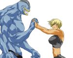  bad_id blonde_hair blue_eyes breasts character_request extra_arms grin huge_breasts large_breasts machamp midriff muscle nintendo pokemon red_eyes saikki short_hair simple_background smile white_background 