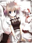  bat_wings blue_eyes blue_hair bow chibi dog_ears dog_tail hat izayoi_sakuya kemonomimi_mode maid maid_headdress mashayuki remilia_scarlet silver_hair sketch super_deformed tail touhou twintails wings 