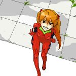  from_above gen grin long_hair lowres neon_genesis_evangelion oekaki orange_hair plugsuit redhead sitting smile solo souryuu_asuka_langley 