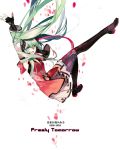  1girl arm_up boots detached_sleeves fingerless_gloves freely_tomorrow_(vocaloid) gloves green_eyes green_hair hatsune_miku headset leg_up long_hair skirt solo starshadowmagician thigh-highs thigh_boots twintails vocaloid 