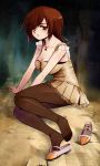  breasts brown_eyes brown_hair buttons cleavage dress fatal_frame fatal_frame_4 hair_over_one_eye jewelry lace messiah messiah_cage minazuki_ruka mystic_cage necklace one_shoe pantyhose shoe_dangle short_hair single_shoe sitting 