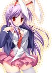  animal_ears arano_takeshi breasts bunny_ears cleavage lavender_hair lips long_hair looking_at_viewer no_bra red_eyes reisen_udongein_inaba smile solo takeda_aranobu thigh-highs thighhighs touhou white_legwear zettai_ryouiki 