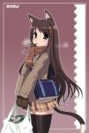  bag breath brown_hair cat_ears fish gloves green_eyes groceries hair_ornament hairclip long_hair mouth_hold original scarf shisui shopping_bag tail thigh-highs thighhighs zettai_ryouiki 