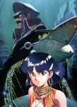  blue_hair earrings fushigi_no_umi_no_nadia hat highres jewelry military military_uniform nadia nautilus neck_ring necklace nemo peaked_cap sadamoto_yoshiyuki space tubetop underwater uniform vest 