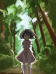  1girl animal_ears arms_behind_back bad_id black_hair bunny_ears closed_eyes dress forest inaba_tewi jewelry kuronuko_neero nature necklace rabbit_ears short_hair smile standing thigh-highs thighhighs touhou tree zettai_ryouiki 